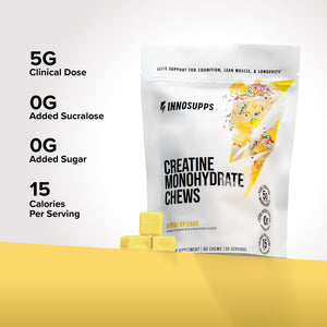 Inno Supps Creatine Monohydrate Chews with key product highlights, including 5 grams of creatine, zero added sugar, and 15 calories per serving.