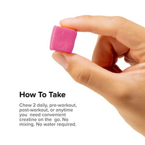 Hand holding a single Inno Supps Creatine Monohydrate Chew with directions to take two chews daily.