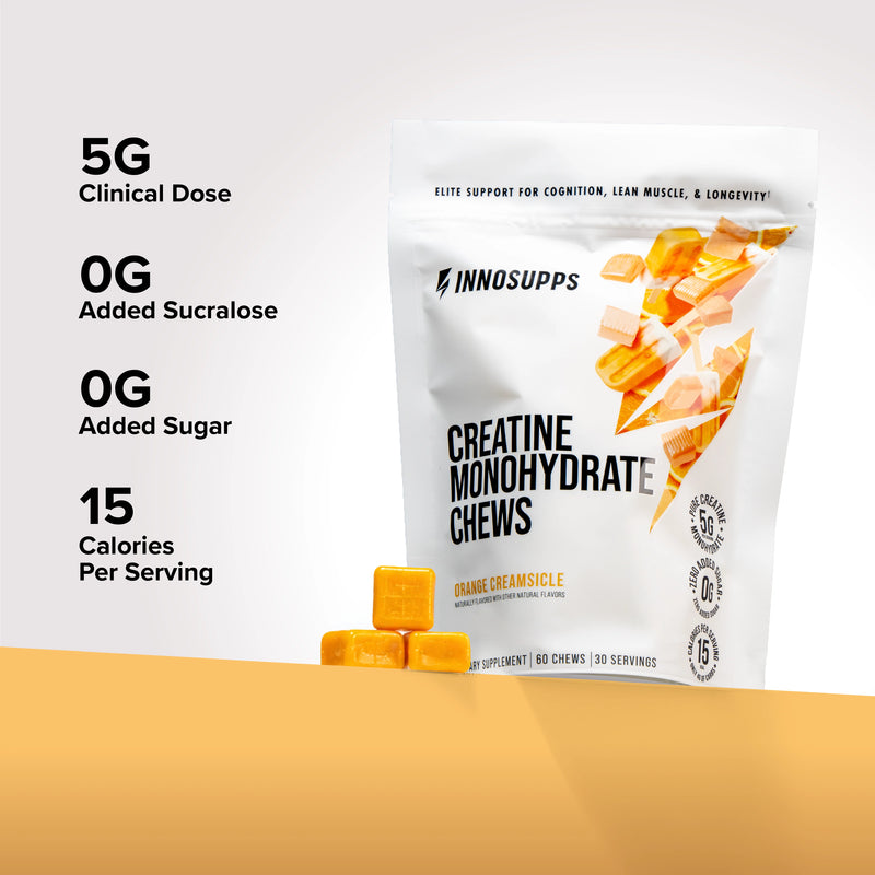 Inno Supps Creatine Monohydrate Chews with key product highlights, including 5 grams of creatine, zero added sugar, and 15 calories per serving.