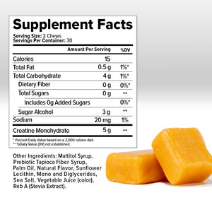 Supplement Facts label for Inno Supps Creatine Monohydrate Chews in Orange Creamsicle flavor, showing 5 grams of creatine per serving, zero added sugar, and 15 calories.